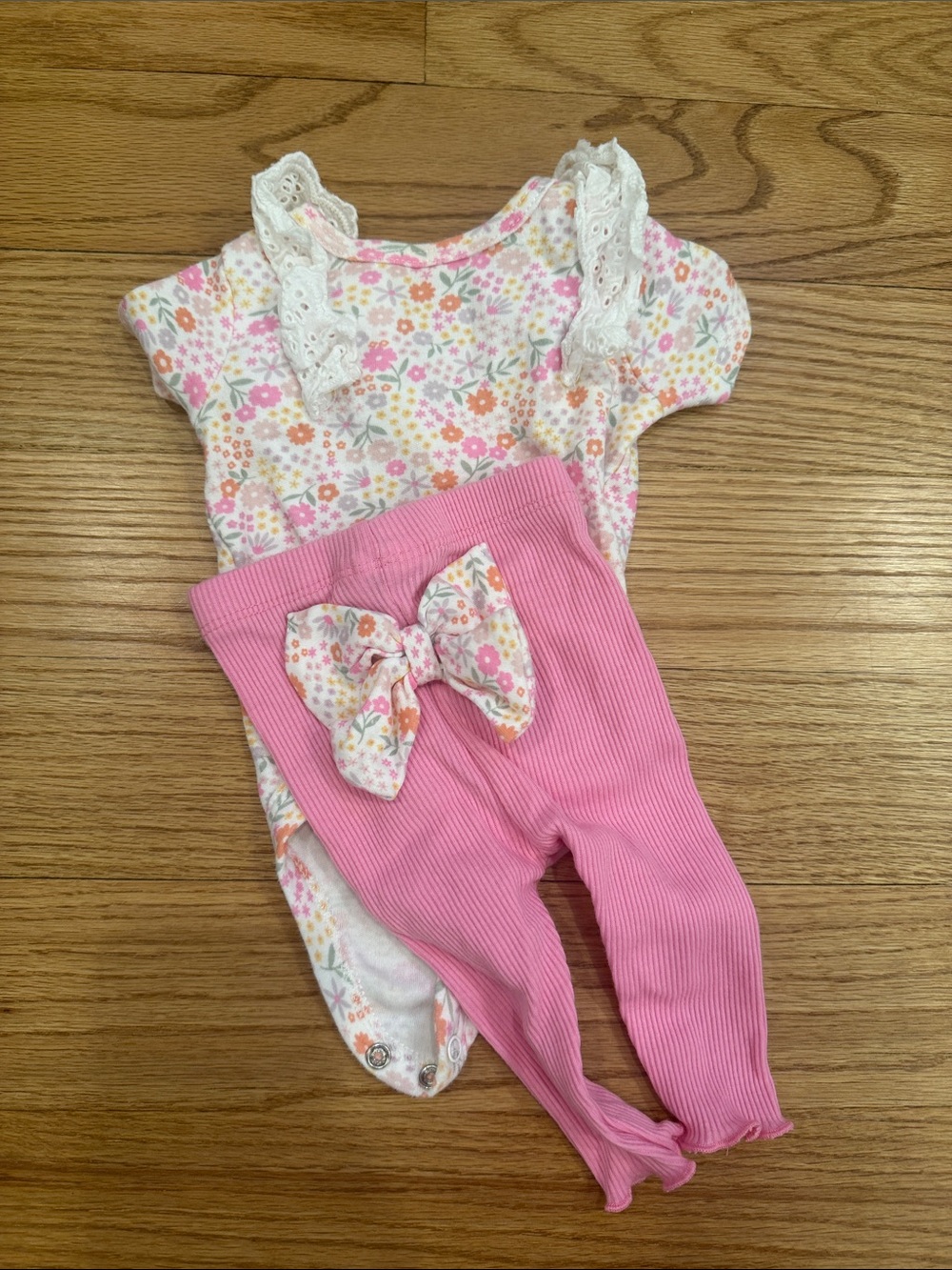 Pink Floral Lace-Trim Baby One-Piece with Pink Ribbed Leggings